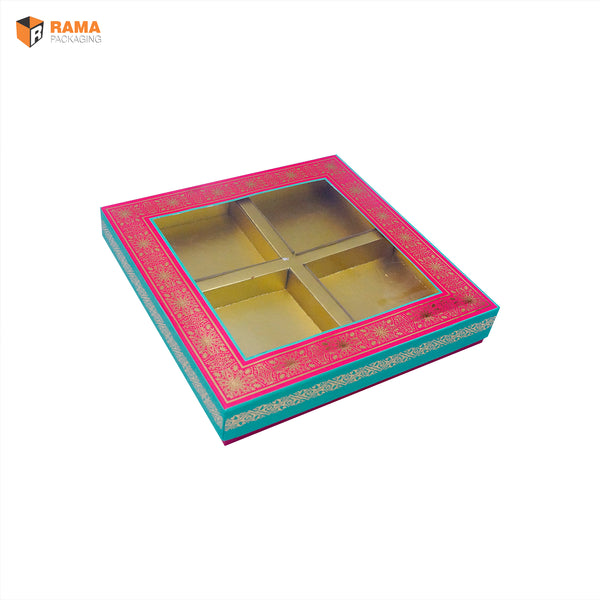 KALAMKARI DESIGN4 KHANA RIGID BOX WITH WINDOW | ( RED ) | ( 9" x 9" x 1.75") | DIWALI GIFT HAMPERS