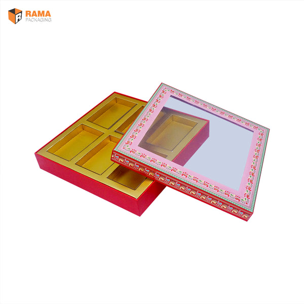 KALAMKARI DESIGN6 KHANA RIGID BOX WITH WINDOW | ( PINK ) | ( 11" x11" x 2") | DIWALI GIFT HAMPERS
