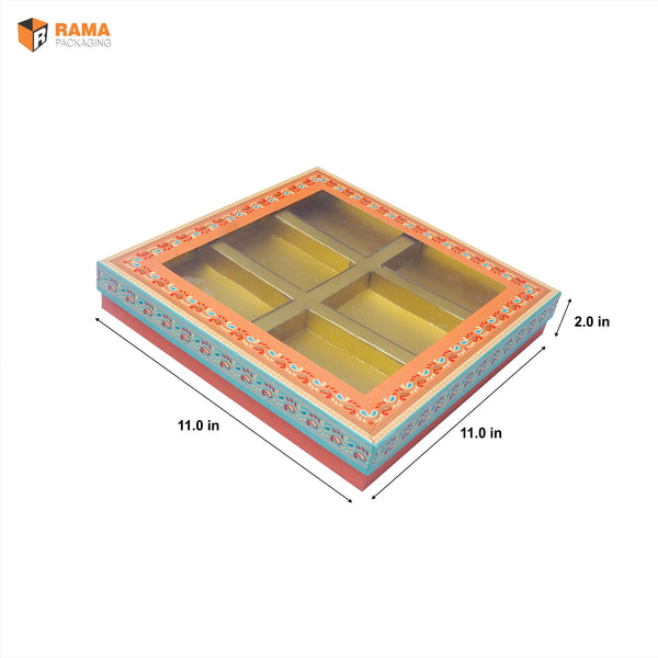 KALAMKARI DESIGN6 KHANA RIGID BOX WITH WINDOW | ( ORANGE ) | ( 11" x11" x 2") | DIWALI GIFT HAMPERS