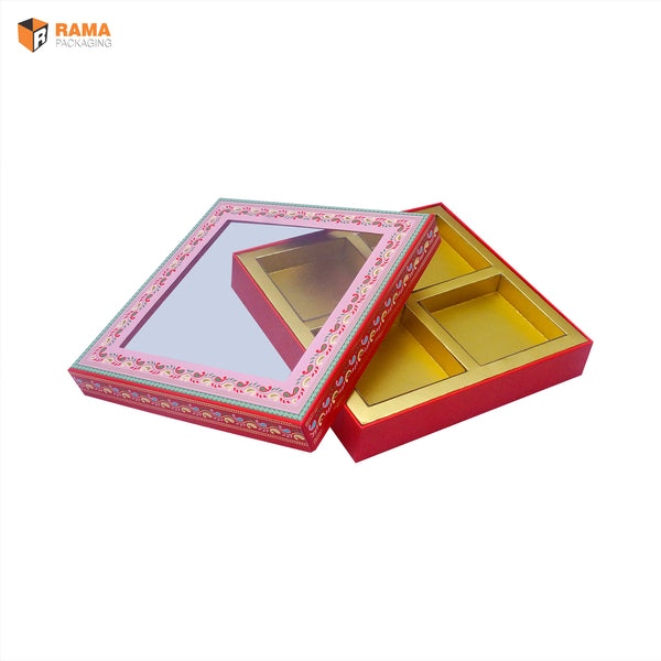 KALAMKARI DESIGN4 KHANA RIGID BOX WITH WINDOW | ( PINK ) | ( 9" x 9" x 1.75") | DIWALI GIFT HAMPERS