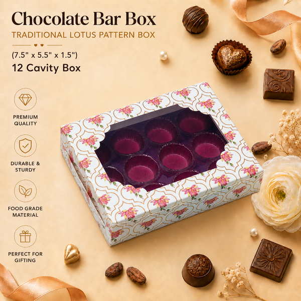 12 CAVITY CHOCOLATE BOX TRADITIONAL LOTUS PATTERN ( BLACK LID ) - ( 7.5" X 5.5" X 1.5" )