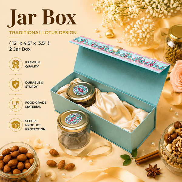 2 JAR RIGID WITH RIBBION WITH JARTRADITIONAL LOTUS DESIGN - DIWALI GIFT HAMPERS - ( 12" x 4.5" x3.5 " )