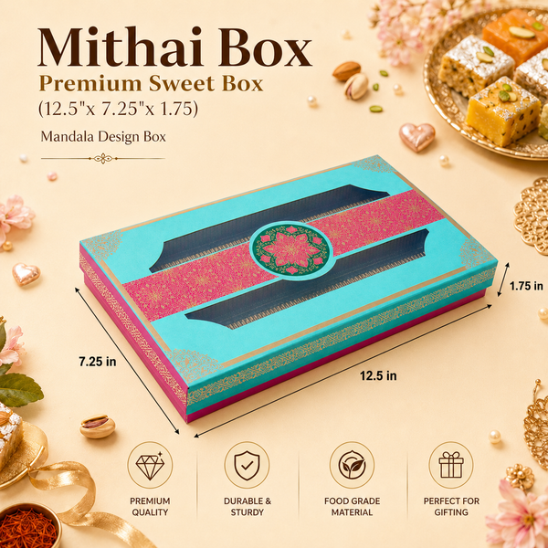 Mithai Box with Window – Mandala Design – 1kg – 12.5 x 7.25 x 1.75 inch