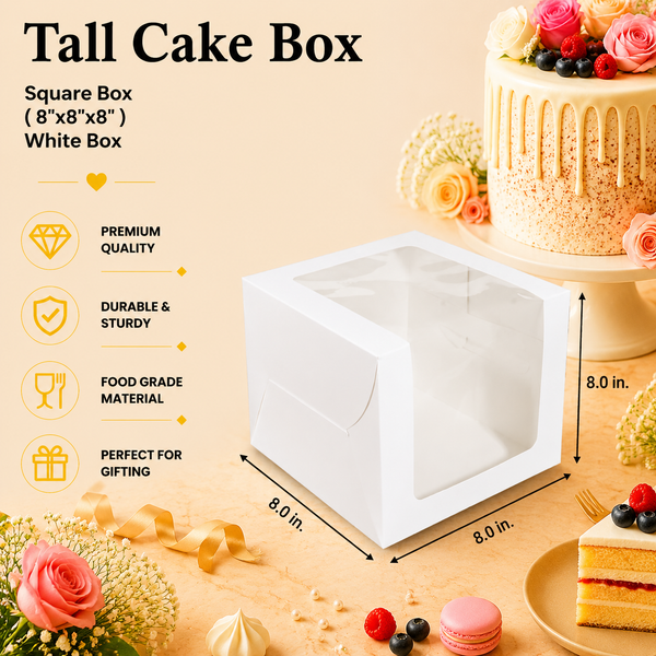Tall Cake Box – Square – White – 8 x 8 x 8 inch