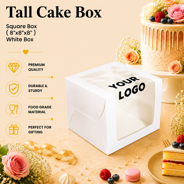 Tall Cake Box – Square – White – 8 x 8 x 8 inch