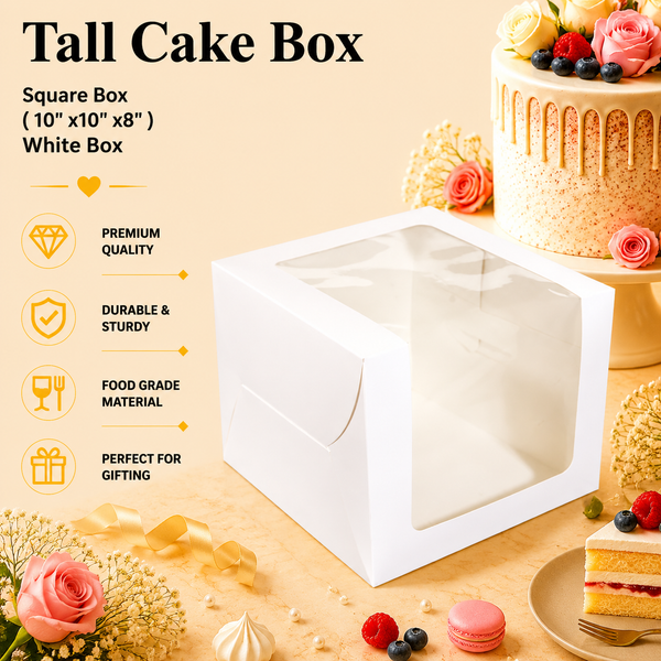 Tall Cake Box – Square – White – 10 x 10 x 8 inch
