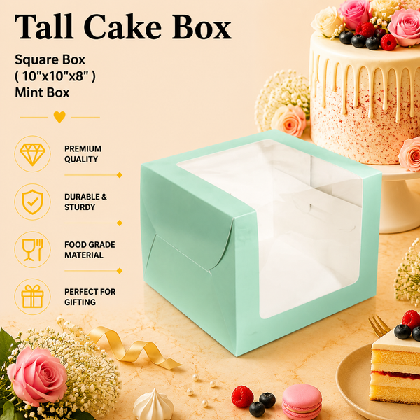 Tall Cake Box – Square – Mint – 10 x 10 x 8 inch