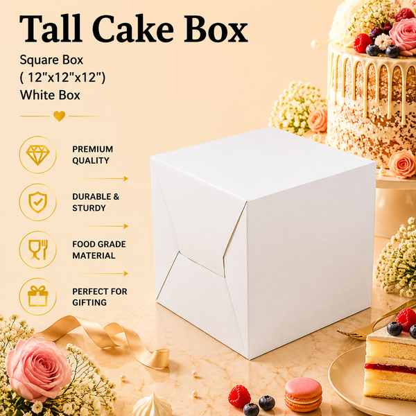 Tall Cake Box – Square – Plain White – 12 x 12 x 12 inch