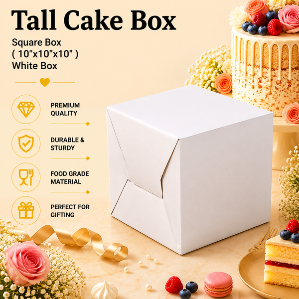 Tall Cake Box – Square – Plain White – 10 x 10 x 10 inch