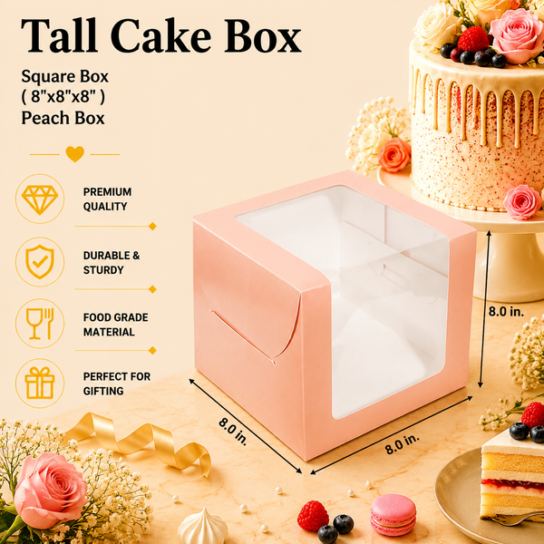 Tall Cake Box – Square – Peach – 8 x 8 x 8 inch