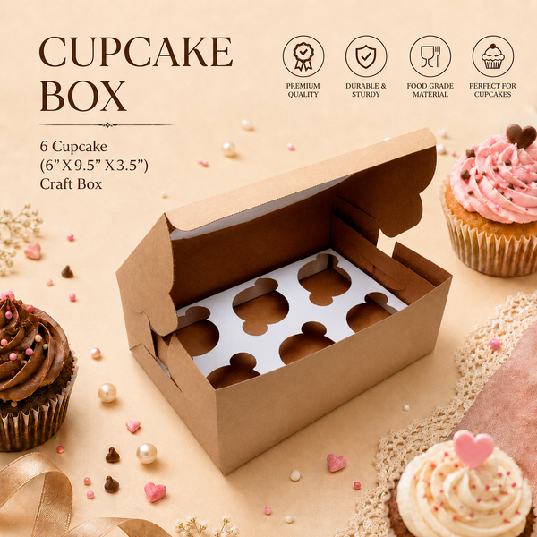 Cupcake Box – 6 Cupcake – Brown Kraft – 6 x 9.5 x 3.5 inch