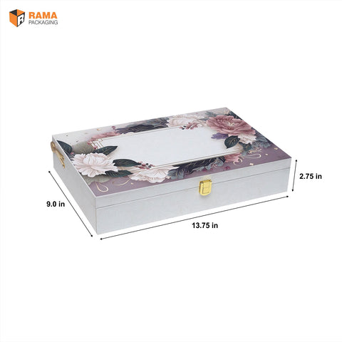4 JAR HAMPER BOX - OFFWHITE & FLOWER FOIL PRINT | (13.75" x 9" x 2.75" )