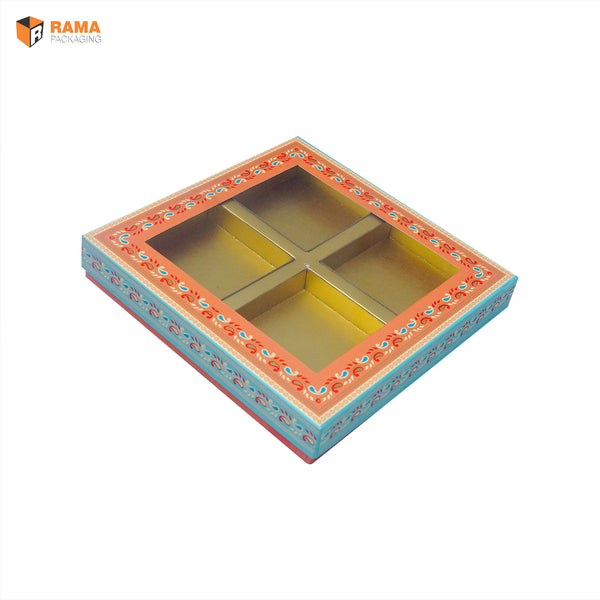 KALAMKARI DESIGN4 KHANA RIGID BOX WITH WINDOW | ( ORANGE ) | ( 9" x 9" x 1.75") | DIWALI GIFT HAMPERS