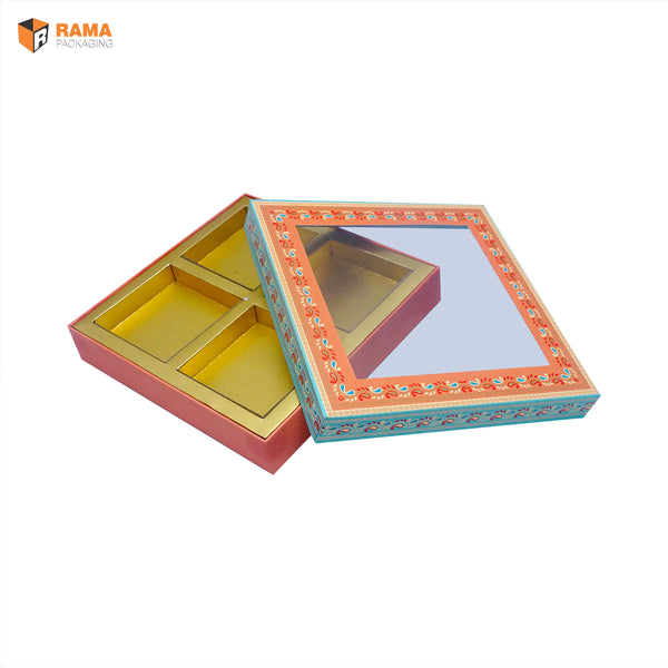 KALAMKARI DESIGN4 KHANA RIGID BOX WITH WINDOW | ( ORANGE ) | ( 9" x 9" x 1.75") | DIWALI GIFT HAMPERS