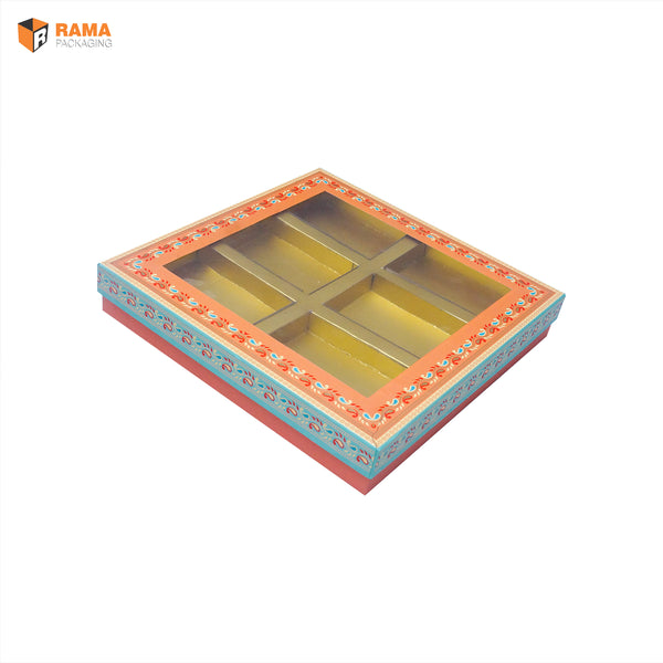 KALAMKARI DESIGN6 KHANA RIGID BOX WITH WINDOW | ( ORANGE ) | ( 11" x11" x 2") | DIWALI GIFT HAMPERS