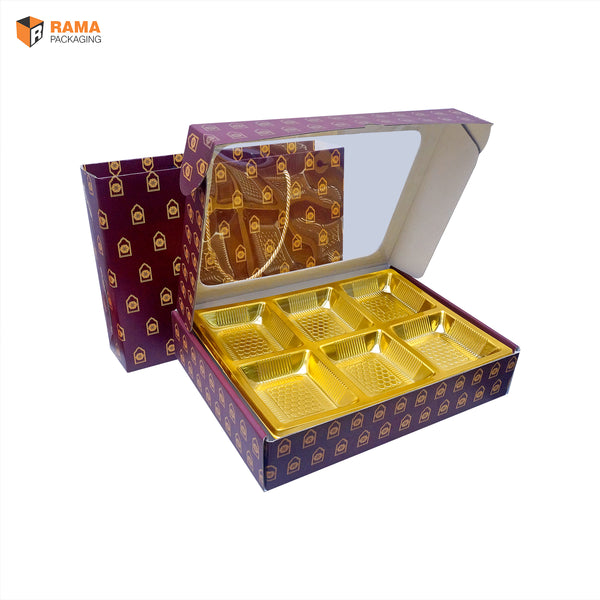 Maroon Regal Premium 6 Cavity Window Gift Box with Carry Bag | Festive Box (12"×9.5"×2.5") |Sanskriti Collection
