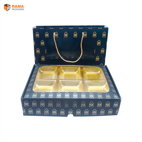 Navy Royale Premium 6 Cavity Window Gift Box with Carry Bag | Festive Box (12"×9.5"×2.5") |  Sanskriti Collection
