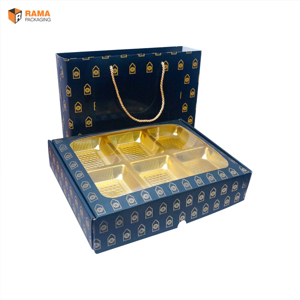 Navy Royale Premium 6 Cavity Window Gift Box with Carry Bag | Festive Box (12"×9.5"×2.5") |Sanskriti Collection