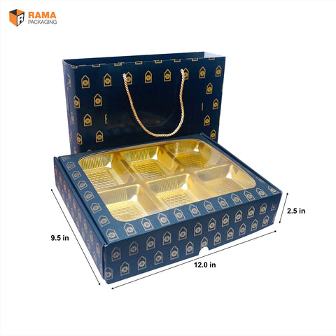 Navy Royale Premium 6 Cavity Window Gift Box with Carry Bag | Festive Box (12"×9.5"×2.5") |  Sanskriti Collection