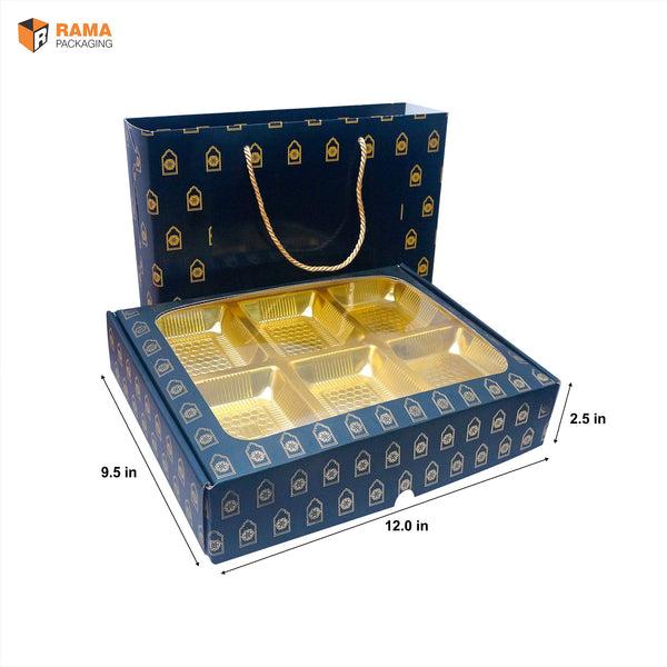 Navy Royale Premium 6 Cavity Window Gift Box with Carry Bag | Festive Box (12"×9.5"×2.5") |Sanskriti Collection