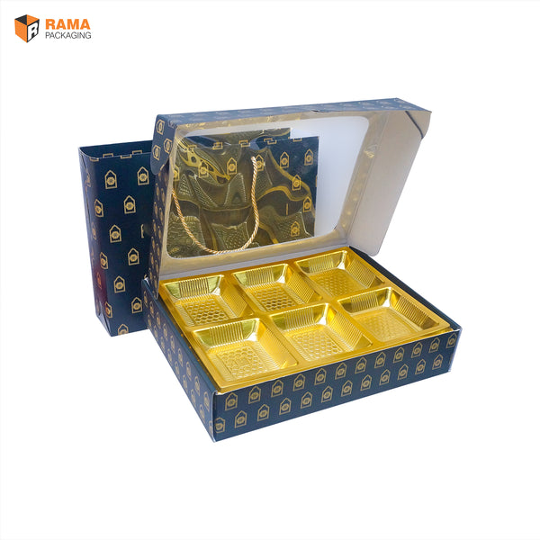 Navy Royale Premium 6 Cavity Window Gift Box with Carry Bag | Festive Box (12"×9.5"×2.5") |Sanskriti Collection