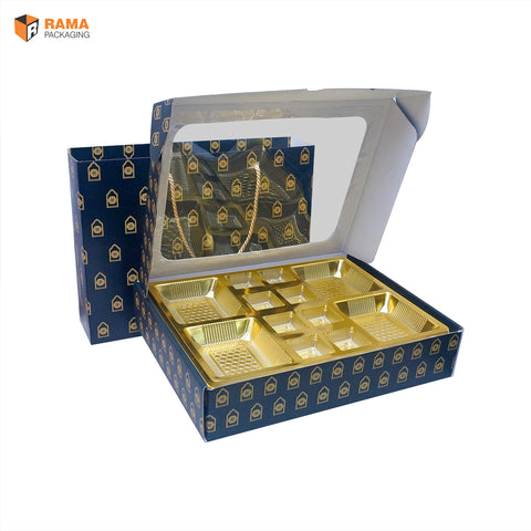 Navy Royale Premium 12 Cavity Window Gift Box with Carry Bag | Festive Box (12"×9.5"×2.5") |  Sanskriti Collection