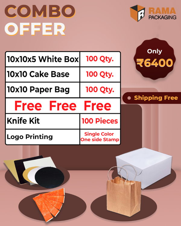 Plain White Cake Box (10x10x5) (100 Pcs) | Cake Base Board (10x10) (100 Pcs) | Paper Bag (10x10) (100pcs) | Knife Kit (100 Pcs)