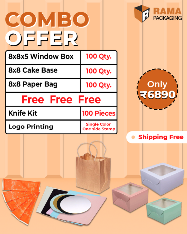 Window Cake Box (8x8x5) (100 Pcs) | Cake Base Board (8x8) (100 Pcs) | Paper Bag (8x8) (100pcs) | Knife Kit (100 Pcs) | Duplex Gray Back 300 gsm