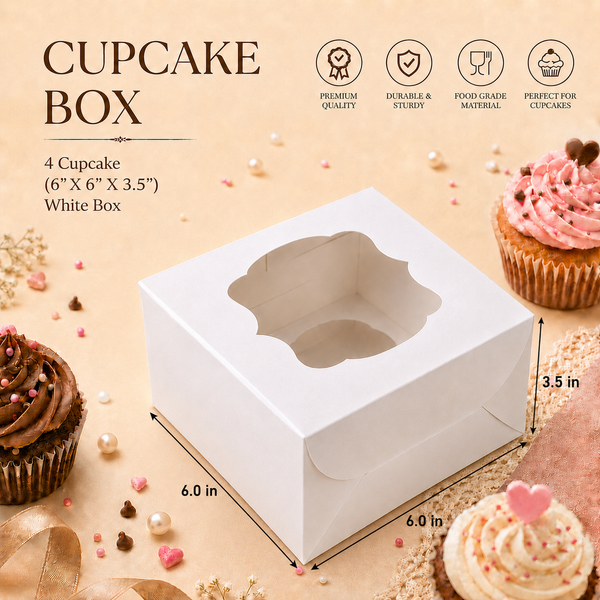 Cupcake Box – 4 Cupcake – White – 6 x 6 x 3.5 inch