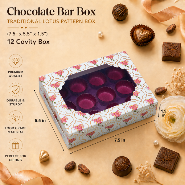 12 CAVITY CHOCOLATE BOX TRADITIONAL LOTUS PATTERN ( BLACK LID ) - ( 7.5" X 5.5" X 1.5" )