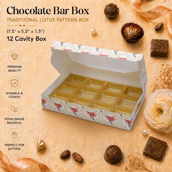 12 CAVITY CHOCOLATE BOX TRADITIONAL LOTUS PATTERN - ( 7.5" X 5.5" X 1.5" )