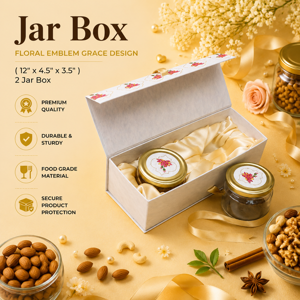 2 JAR RIGID WITH RIBBION WITH JARFLORAL EMBLEM GRACE DESIGN - DIWALI GIFT HAMPERS - ( 12" x 4.5" x3.5 " )
