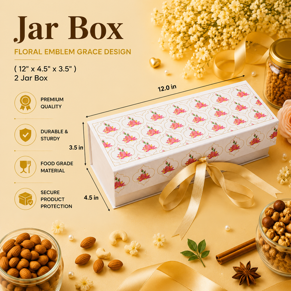 2 JAR RIGID WITH RIBBION WITH JARFLORAL EMBLEM GRACE DESIGN - DIWALI GIFT HAMPERS - ( 12" x 4.5" x3.5 " )