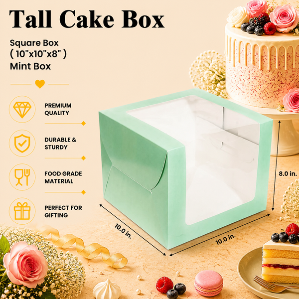 Tall Cake Box – Square – Mint – 10 x 10 x 8 inch