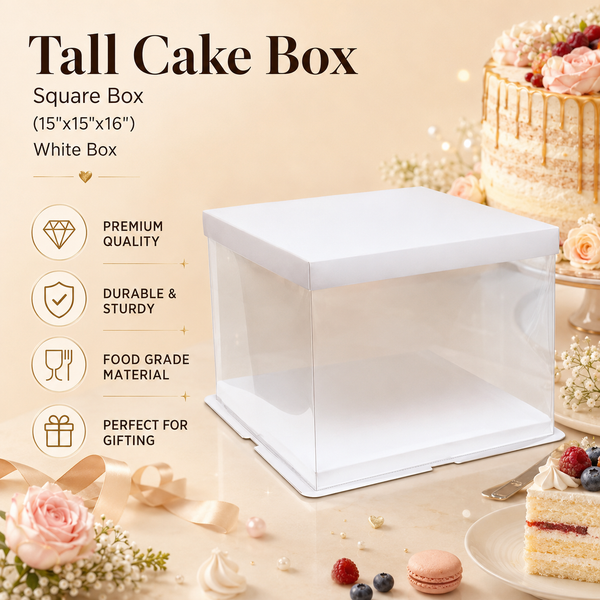 Tall Cake Box – Square – White – 15 x 15 x 16 inch
