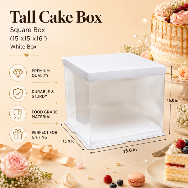 Tall Cake Box – Square – White – 15 x 15 x 16 inch