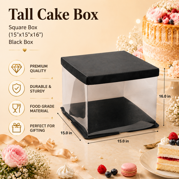 Tall Cake Box – Square – Black – 15 x 15 x 16 inch