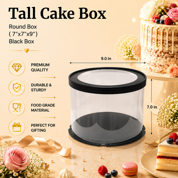 Tall Cake Box – Round – Black – 7 x 7 x 9 inch