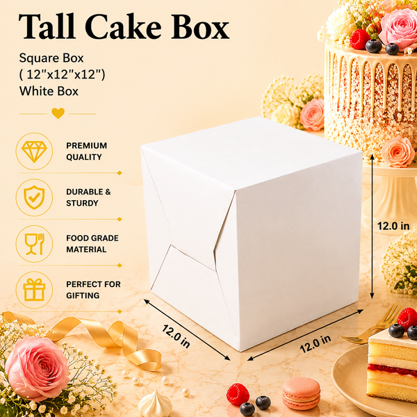 Tall Cake Box – Square – Plain White – 12 x 12 x 12 inch
