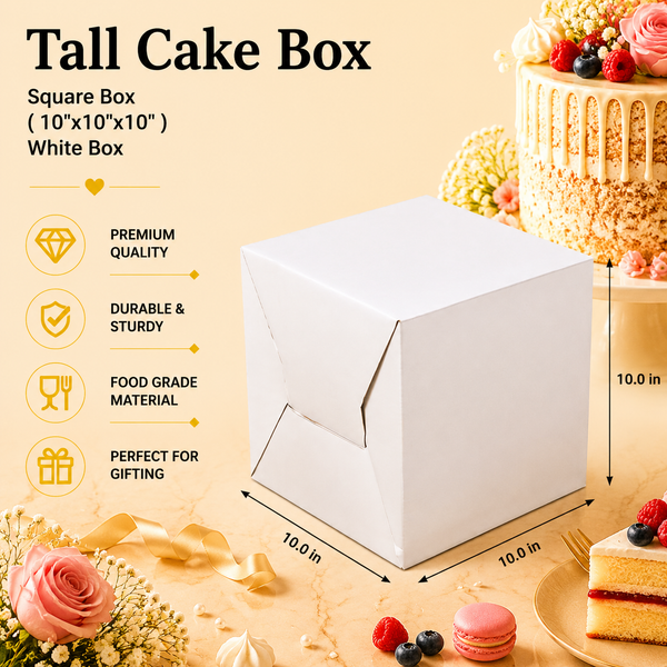 Tall Cake Box – Square – Plain White – 10 x 10 x 10 inch
