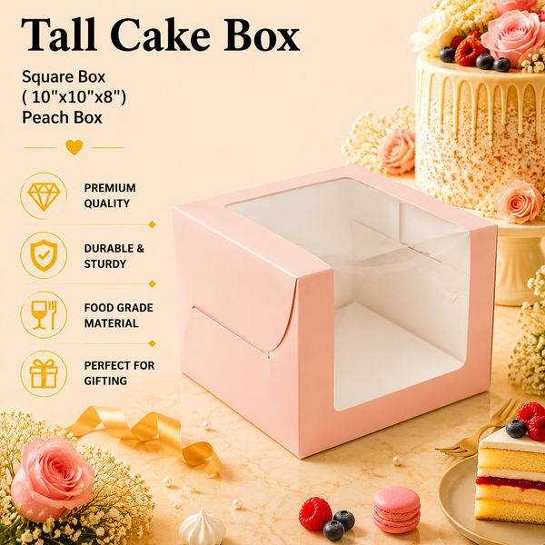 Tall Cake Box – Square – Peach – 10 x 10 x 8 inch