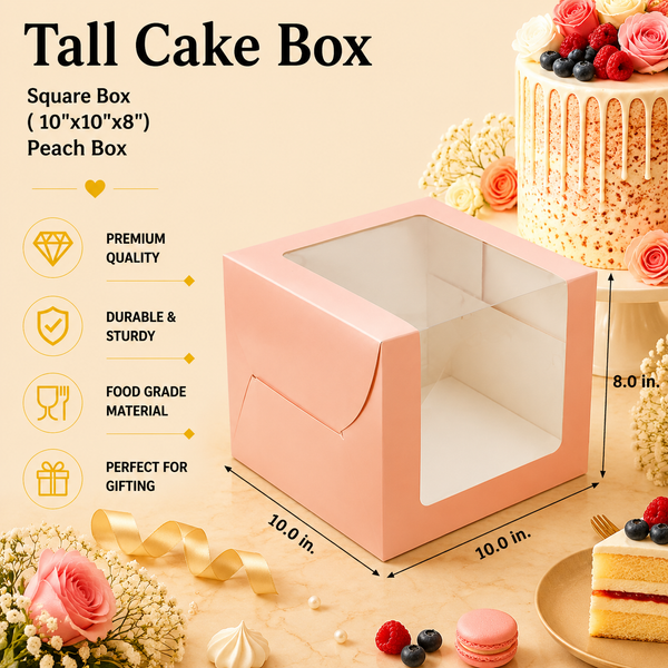Tall Cake Box – Square – Peach – 10 x 10 x 8 inch