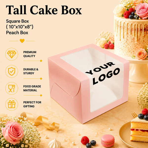 Tall Cake Box – Square – Peach – 10 x 10 x 8 inch