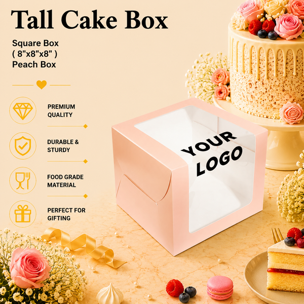 Tall Cake Box – Square – Peach – 8 x 8 x 8 inch