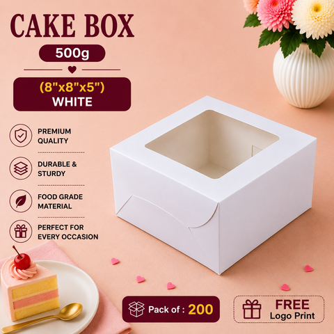 Cake Box - 500g (8"x8"x5") White - Window