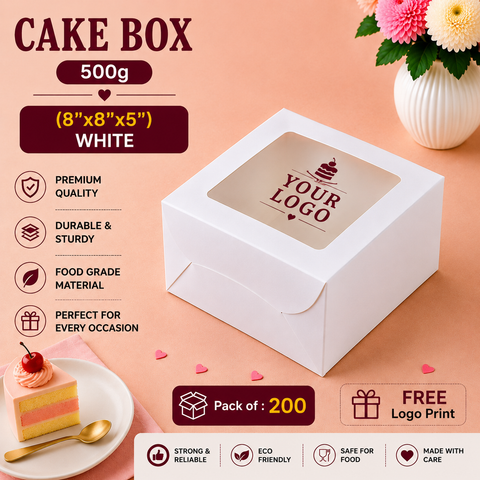 Cake Box - 500g (8"x8"x5") White - Window