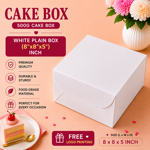 8x8x5  WHITE  PLAIN BOX | 500G CAKE BOX