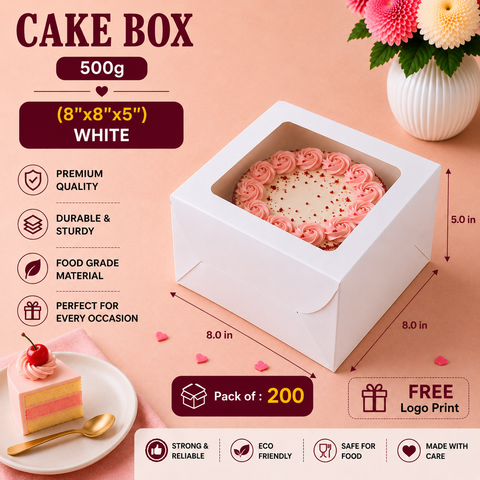 Cake Box - 500g (8"x8"x5") White - Window