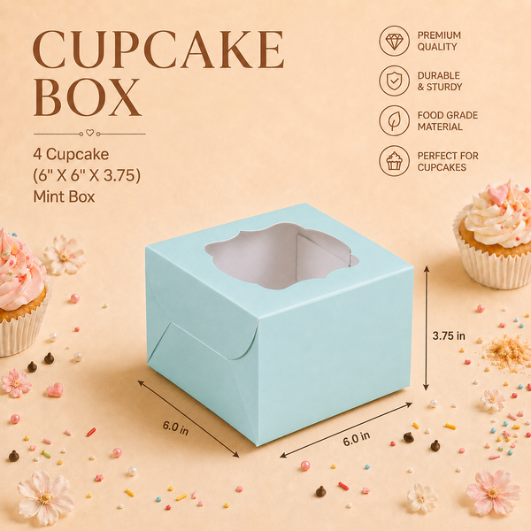 Cupcake Box – 4 Cupcake – Mint – 6 x 6 x 3.75 inch