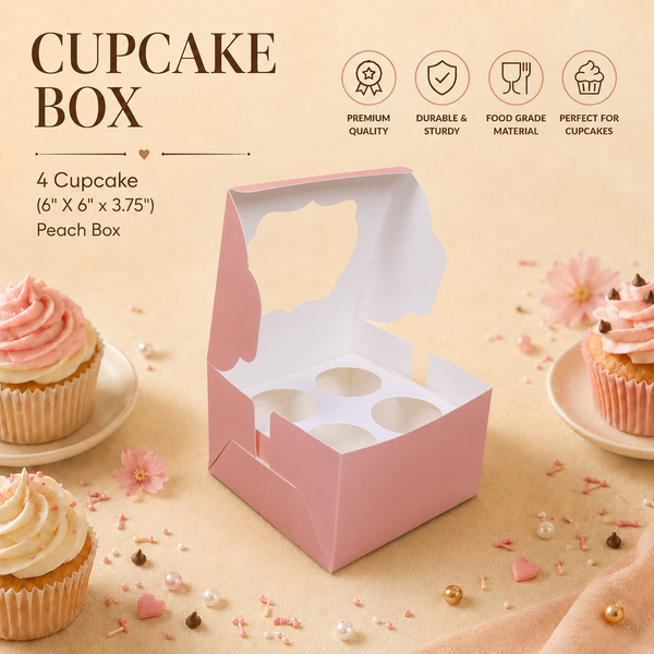 Cupcake Box – 4 Cupcake – Peach – 6 x 6 x 3.75 inch